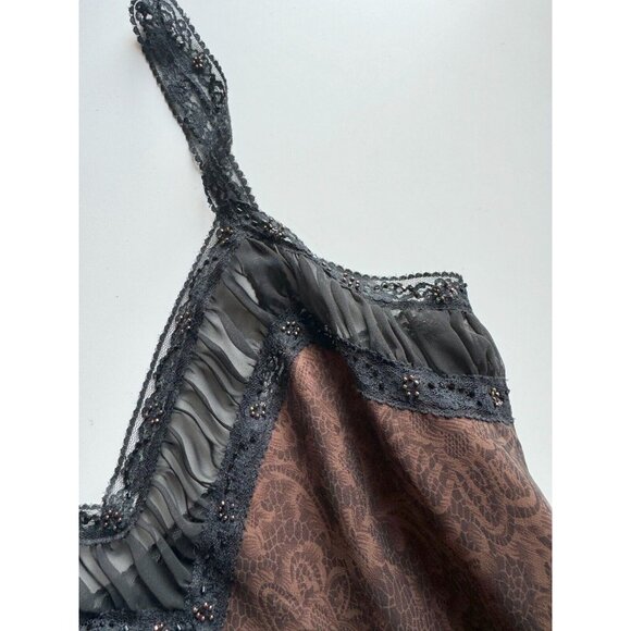 Vintage LAUNDRY BY SHELLI SEGAL Brown Lace Print Silk Beaded Slip Dress, Size 10 - Picture 7 of 12
